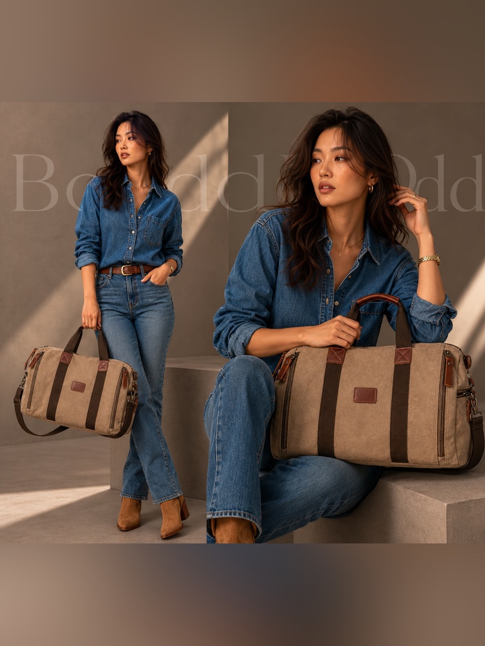 Unisex Canvas Travel Duffel Bag in Tan with Dark Brown Straps